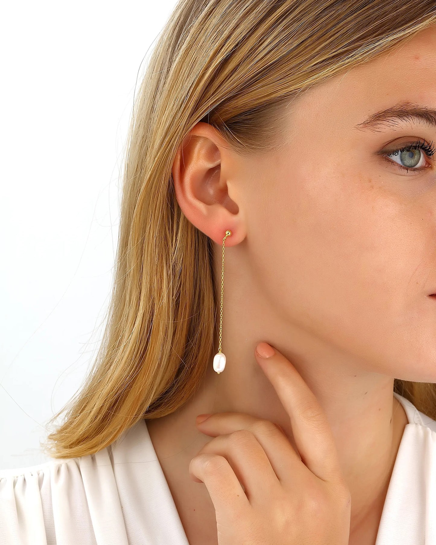 Silver Chain Long Pearl Drop Earrings Gold Filled