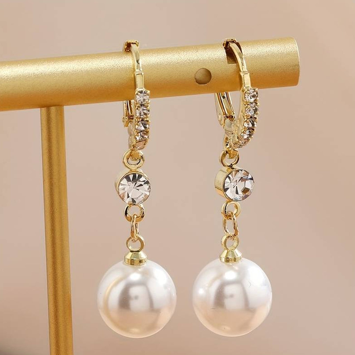 White Long Drop Pearl Earrings With Diamond Details