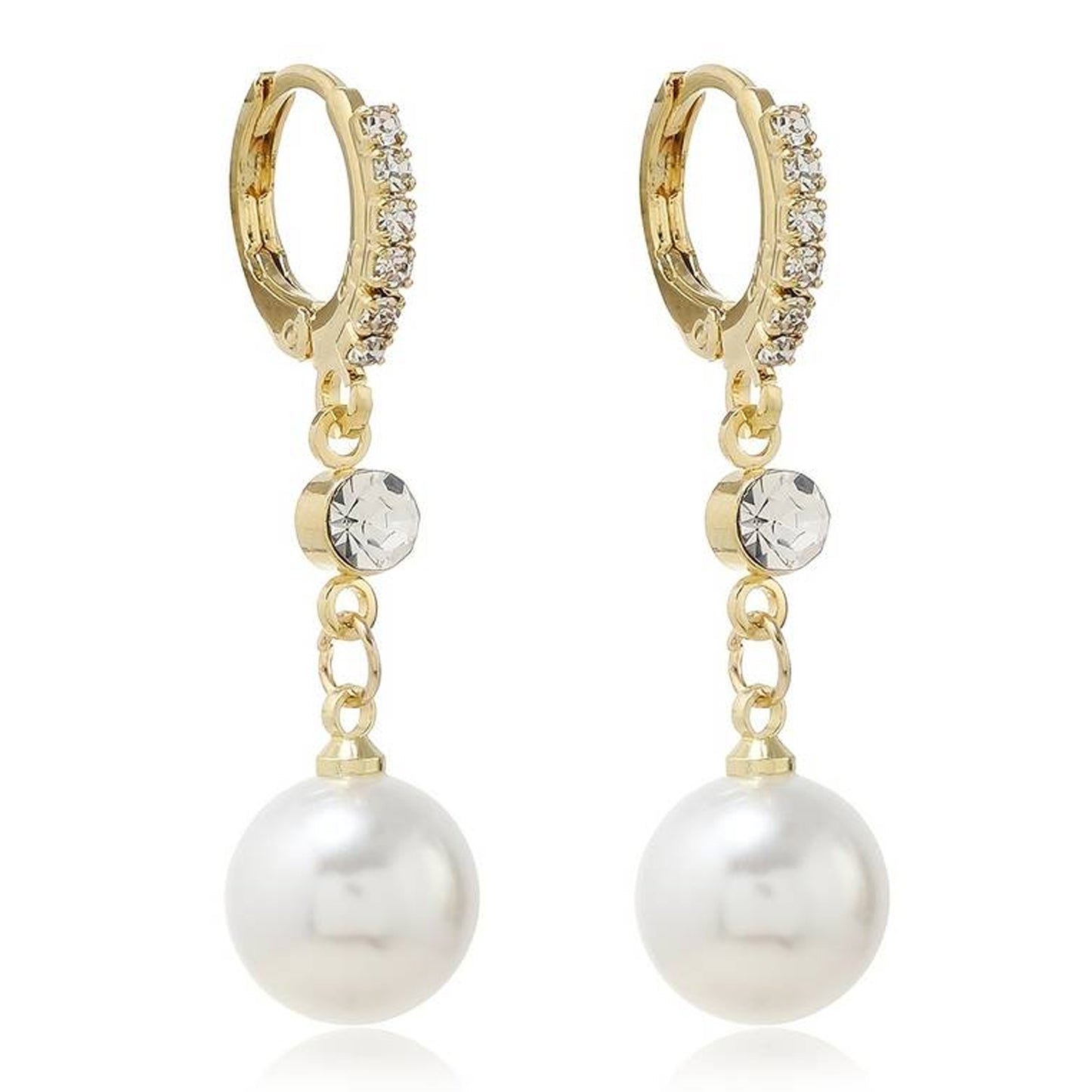 White Long Drop Pearl Earrings With Diamond Details