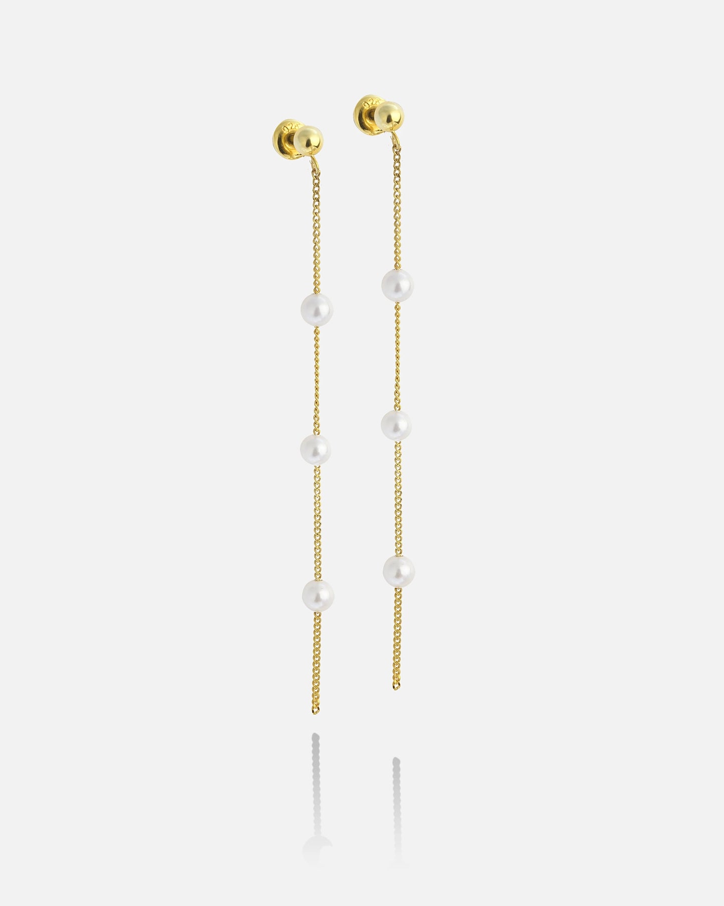 Modern Silver Long Pearl Drop Chain Earrings