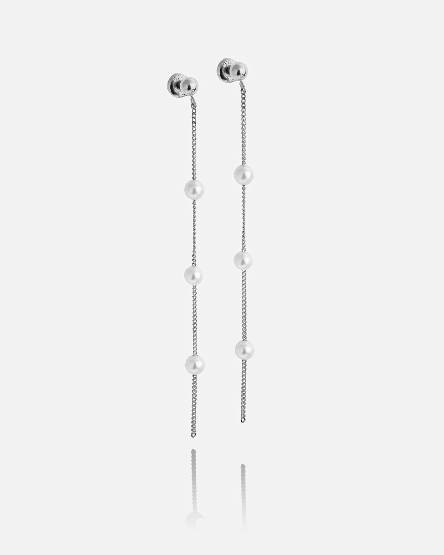 Modern Silver Long Pearl Drop Chain Earrings