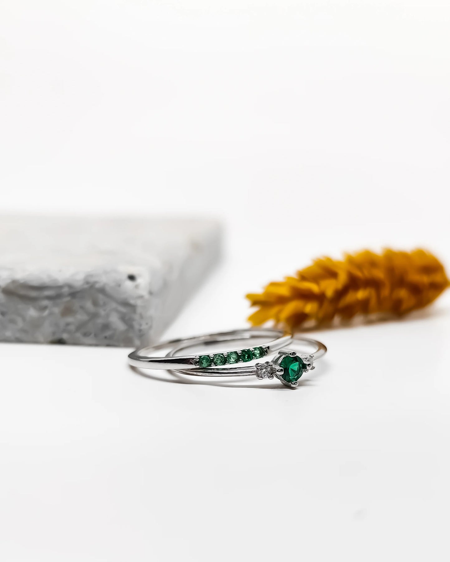 Modern Emerald Stone Silver Ring Combination