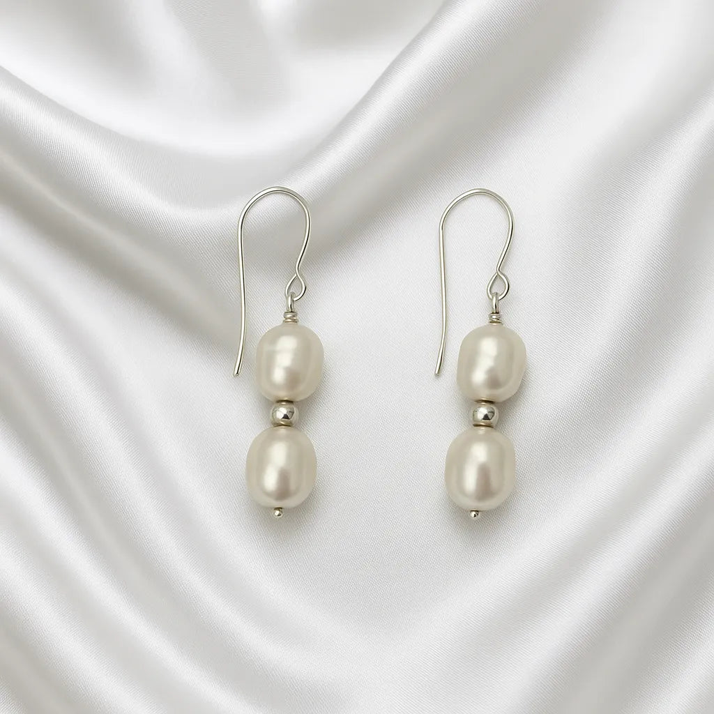 Solea Alba Silver Double Pearl Drop Earrings