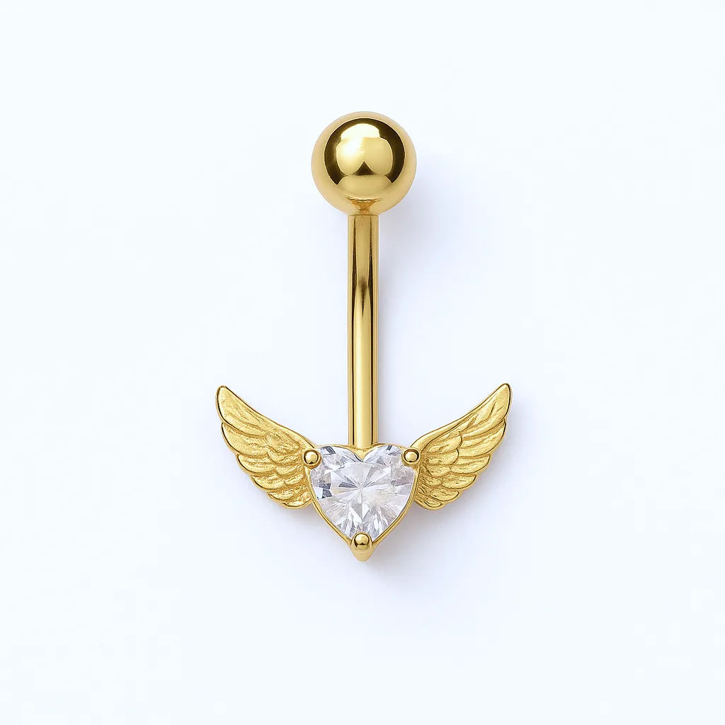 Gold Surgical Steel Crystal Heart Angel Wing Belly Button Piercing