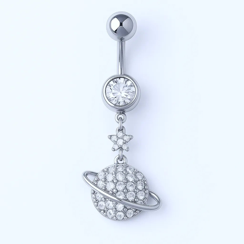 Gold Surgical Steel Crystal Saturn with Star Belly Button Piercing