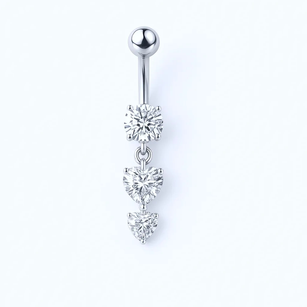 Silver Surgical Steel Crystal Heart Drop Belly Button Piercing