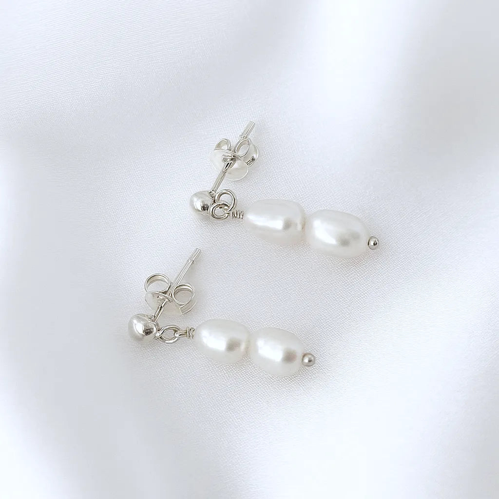 Fleur Céleste Silver Stud Double Pearl Drop Earrings
