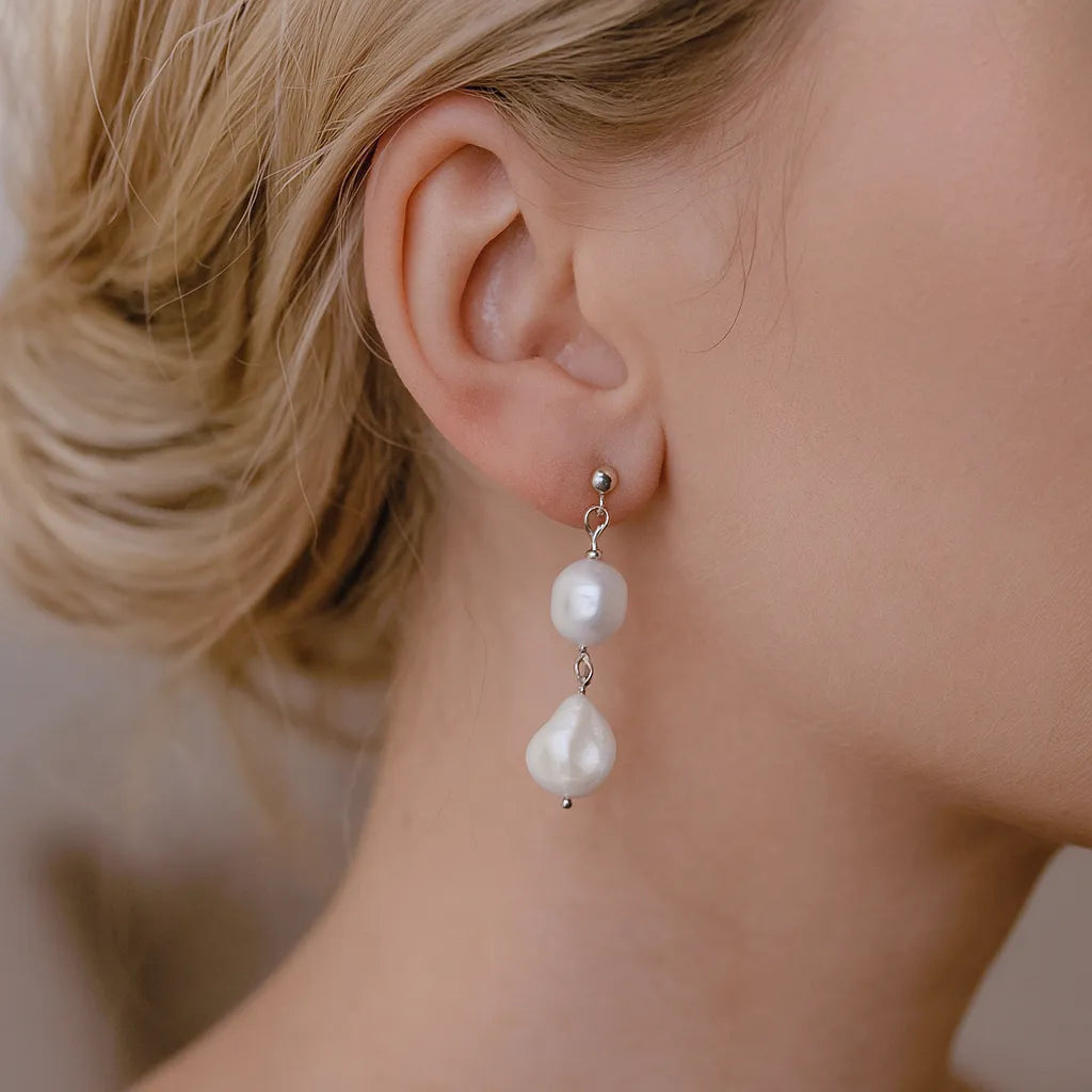 Perla Mystique Silver Stud Double Pearl Drop Earrings