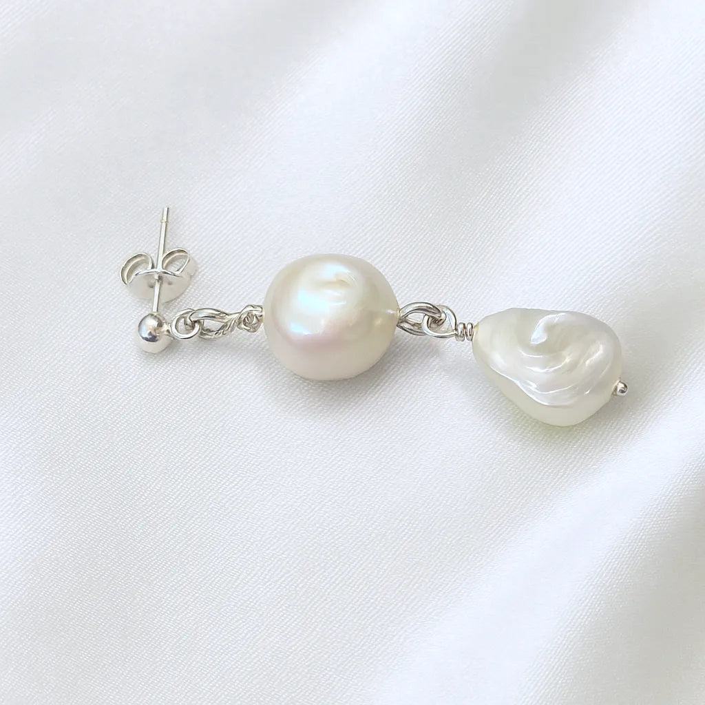 Perla Mystique Silver Stud Double Pearl Drop Earrings