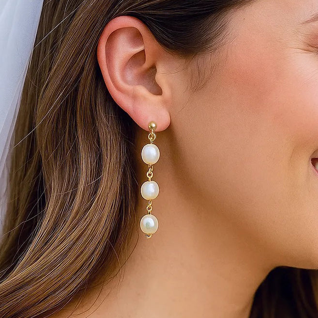 Reine Perla Stud Three Pearl Drop Earrings