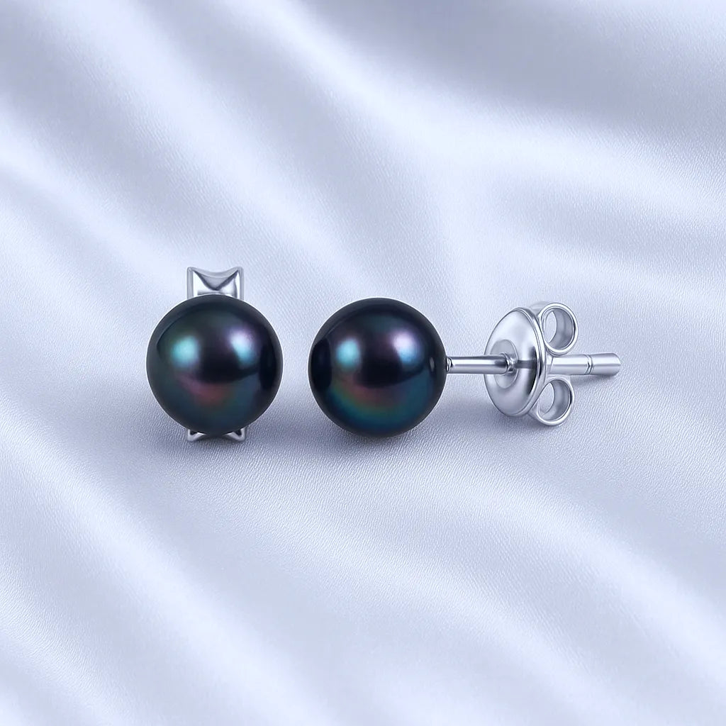 Voile d’Or Silver 7mm Black Pearl Stud Earrings