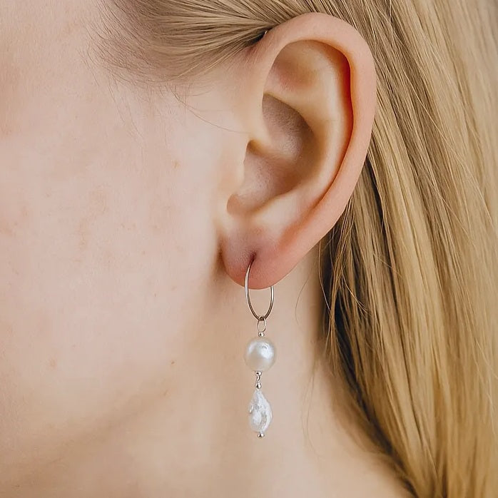 Vent Saphir Silver Oval Double Pearl Drop Earrings
