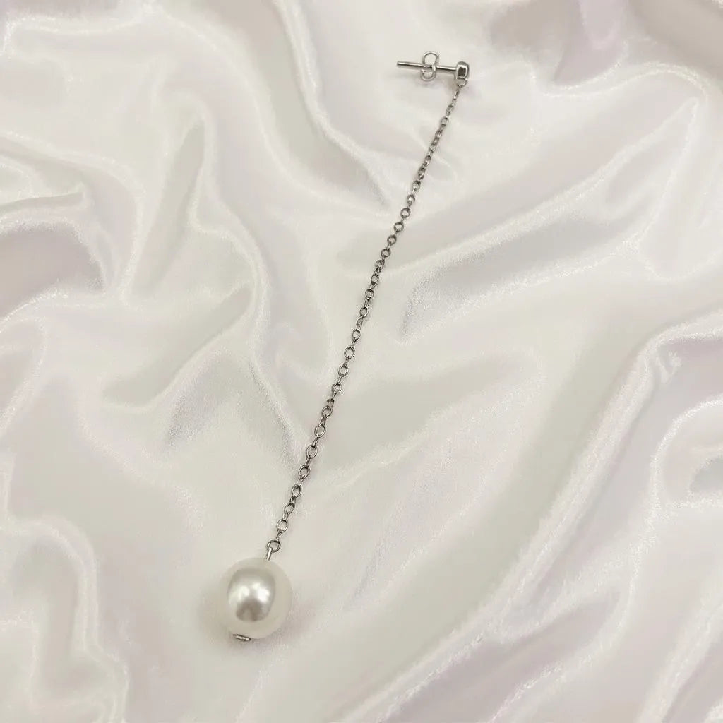 Douce Nuit Silver Stud Long Pearl Drop Earrings