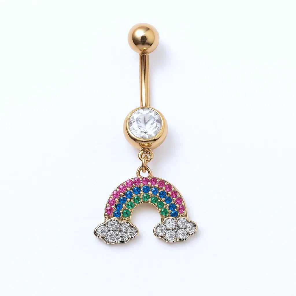 Gold Surgical Steel Crystal Rainbow with Clouds Belly Button Piercing
