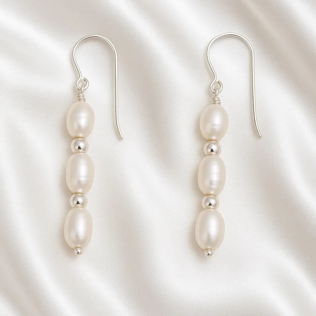 Solea Alba Silver Triple Pearl Drop Earrings