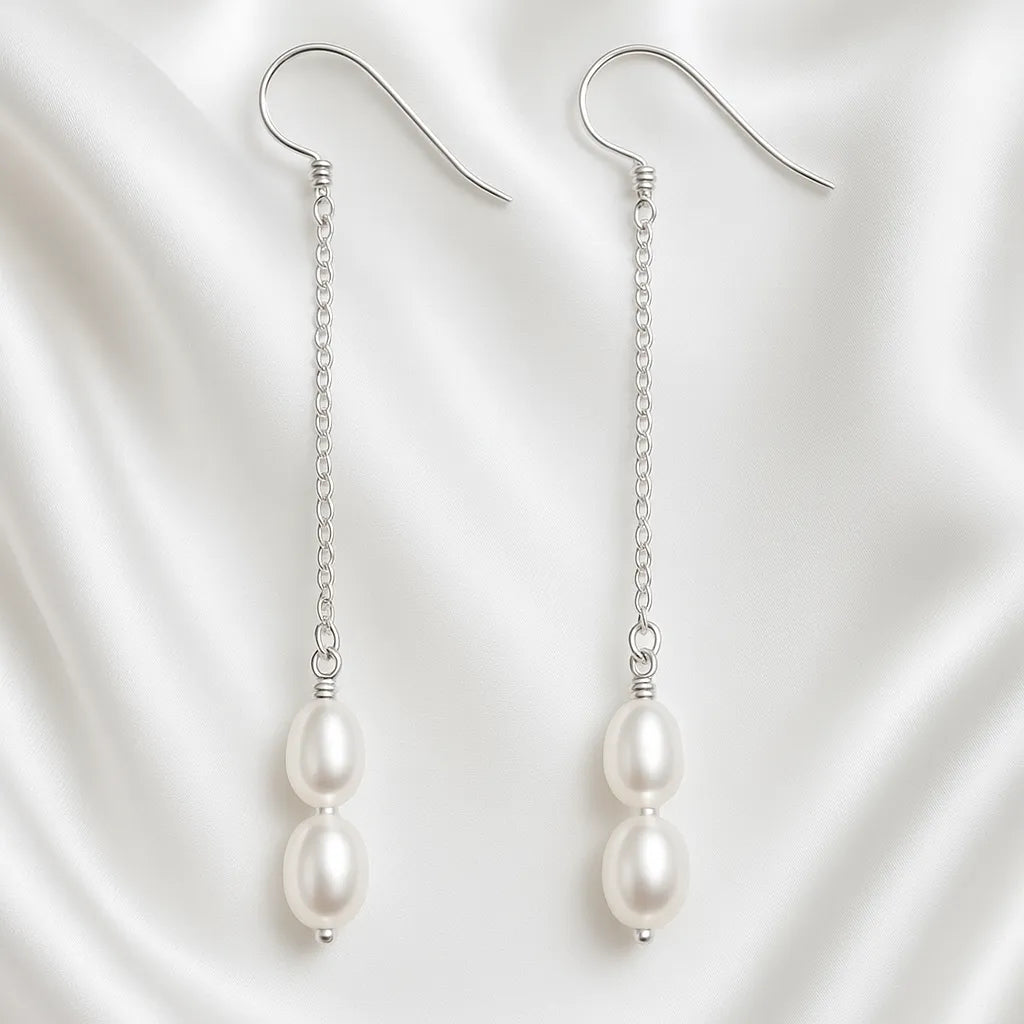 Solea Alba Silver Long Chain Pearl Drop Earrings