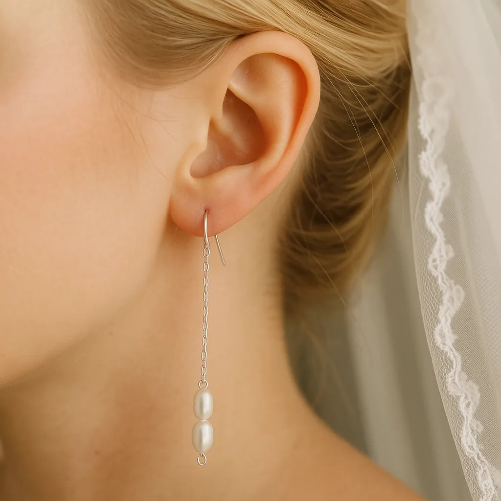 Solea Alba Silver Long Chain Pearl Drop Earrings