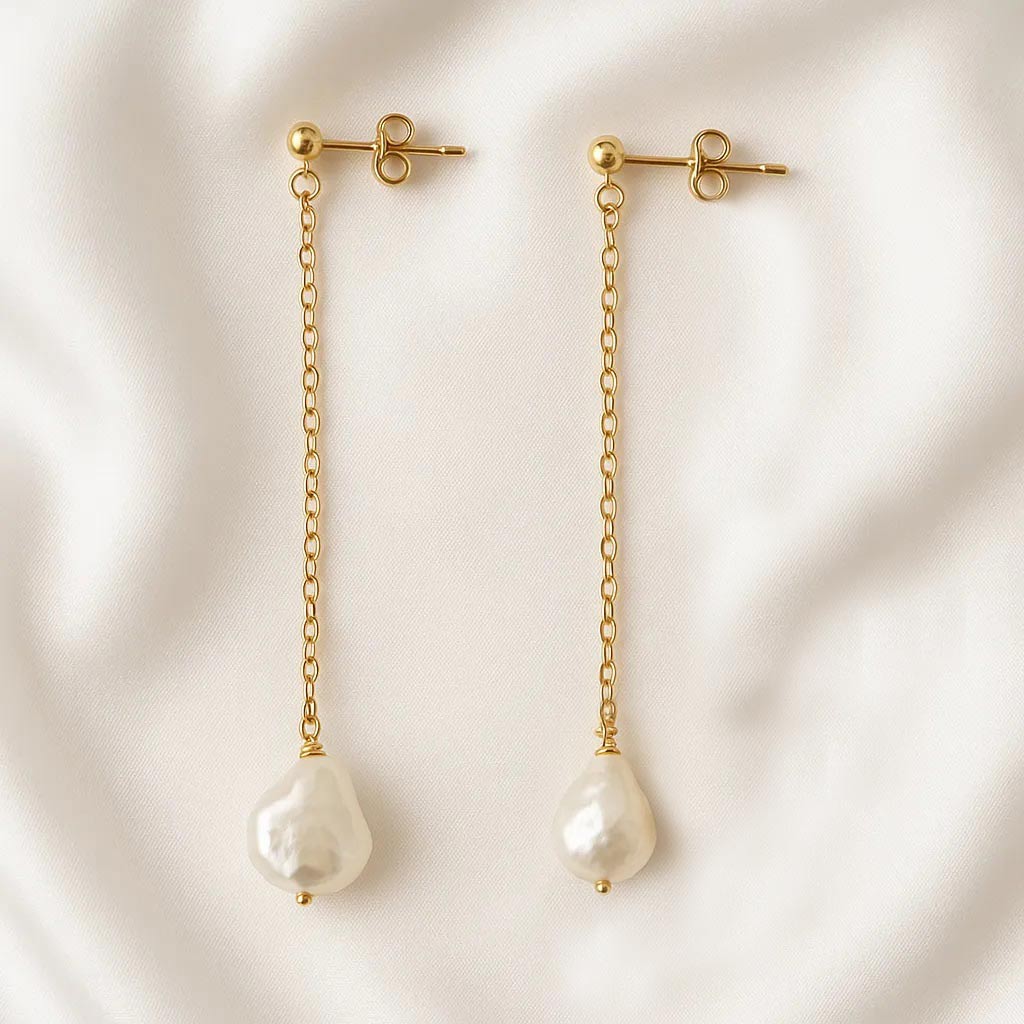 Lys Doré Long Chain Pearl Stud Earrings