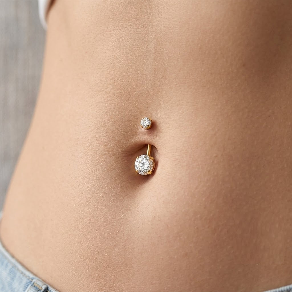 Gold Plated Double Cubic Zirconia Belly Bar