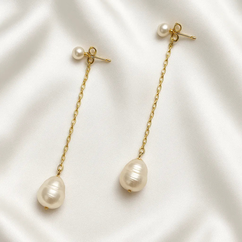 Silva Opale Long Chain Double Pearl Stud Earrings