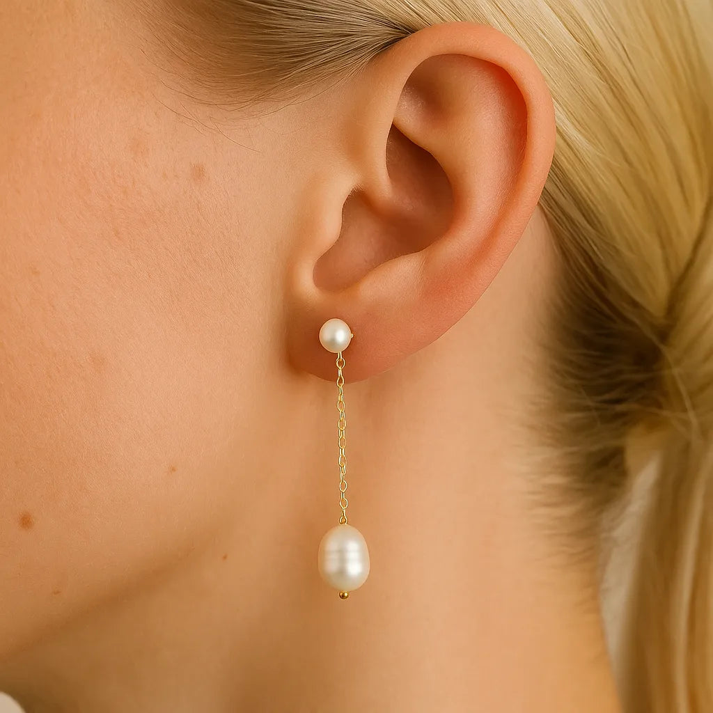 Silva Opale Long Chain Double Pearl Stud Earrings