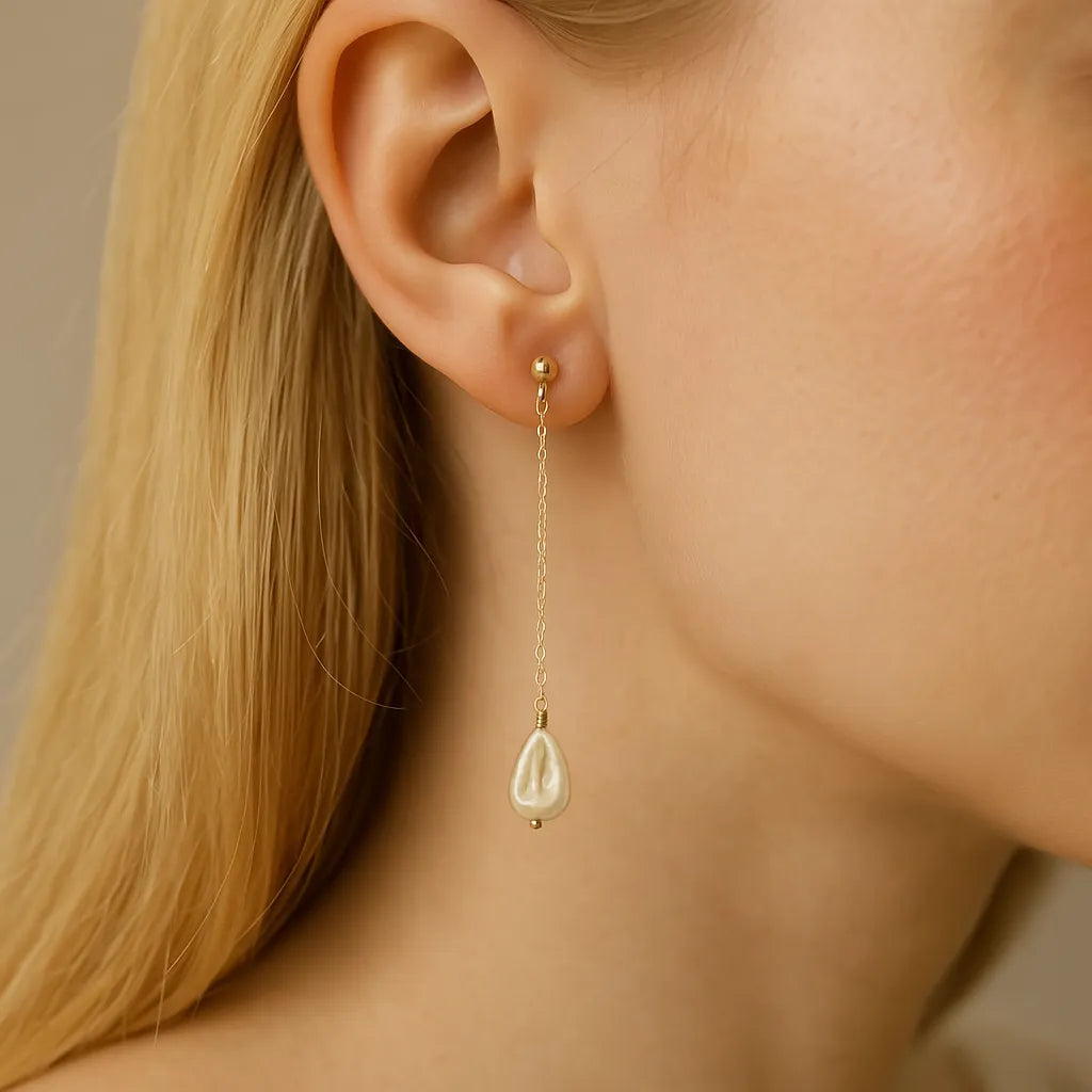 Lys Doré Long Chain Pearl Stud Earrings