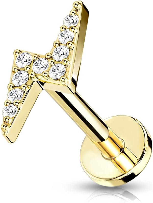 Gold Surgical Steel Lightning Design Tragus Piercing with Sparkling Stones