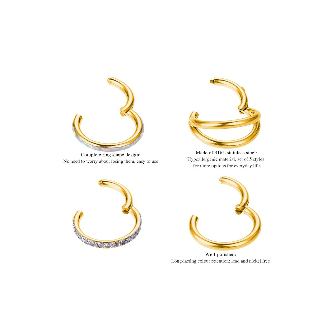 Crystal Hinged and Plain Segment 5 Piece Ear Piercing Set