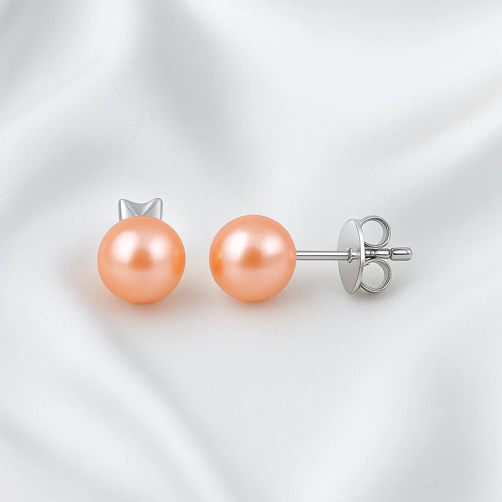 Voile d’Or Silver 7mm Orange Pearl Stud Earrings