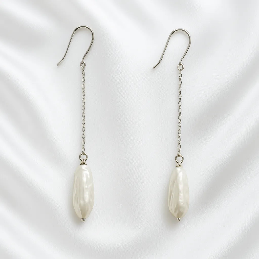 Perla Céleste Silver Long Chain Pearl Drop Earrings
