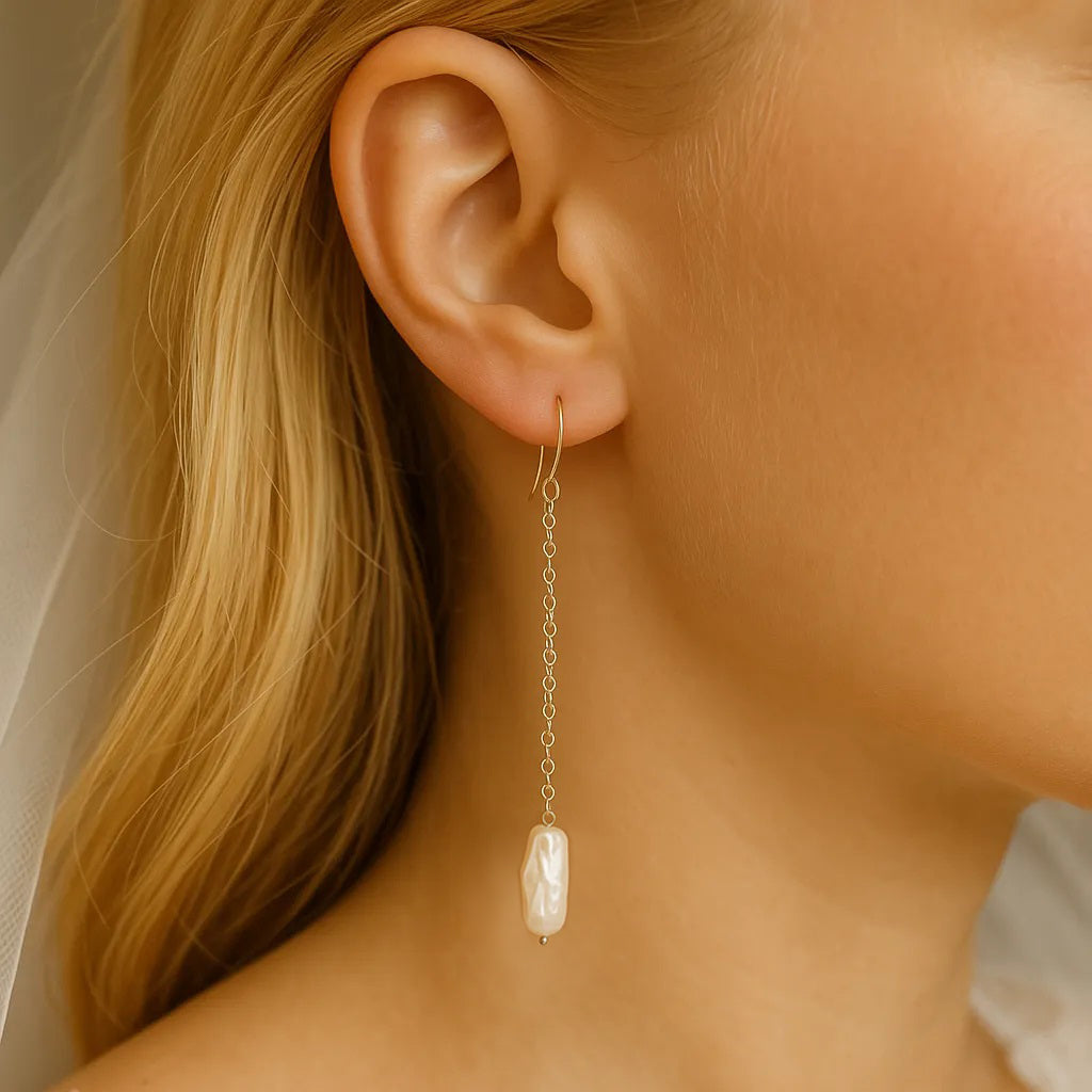 Perla Céleste Long Chain Pearl Drop Earrings