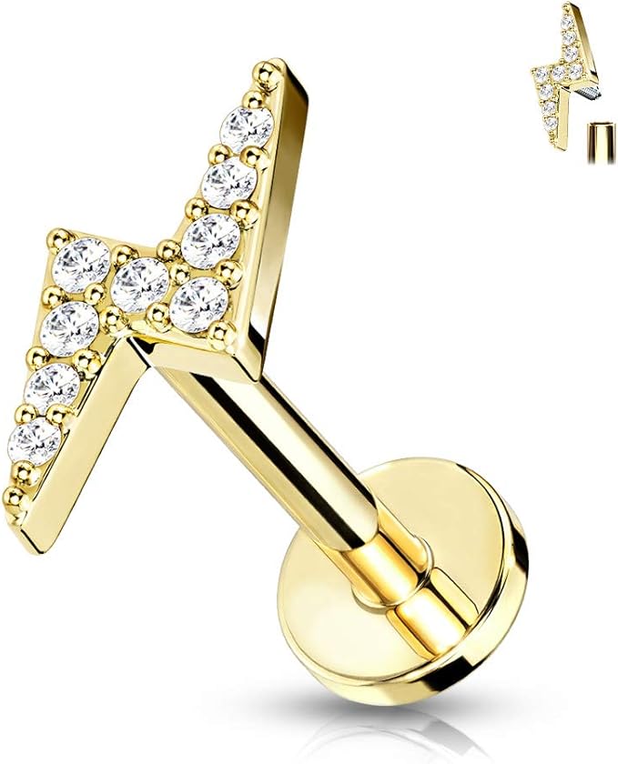 Gold Surgical Steel Lightning Design Tragus Piercing with Sparkling Stones