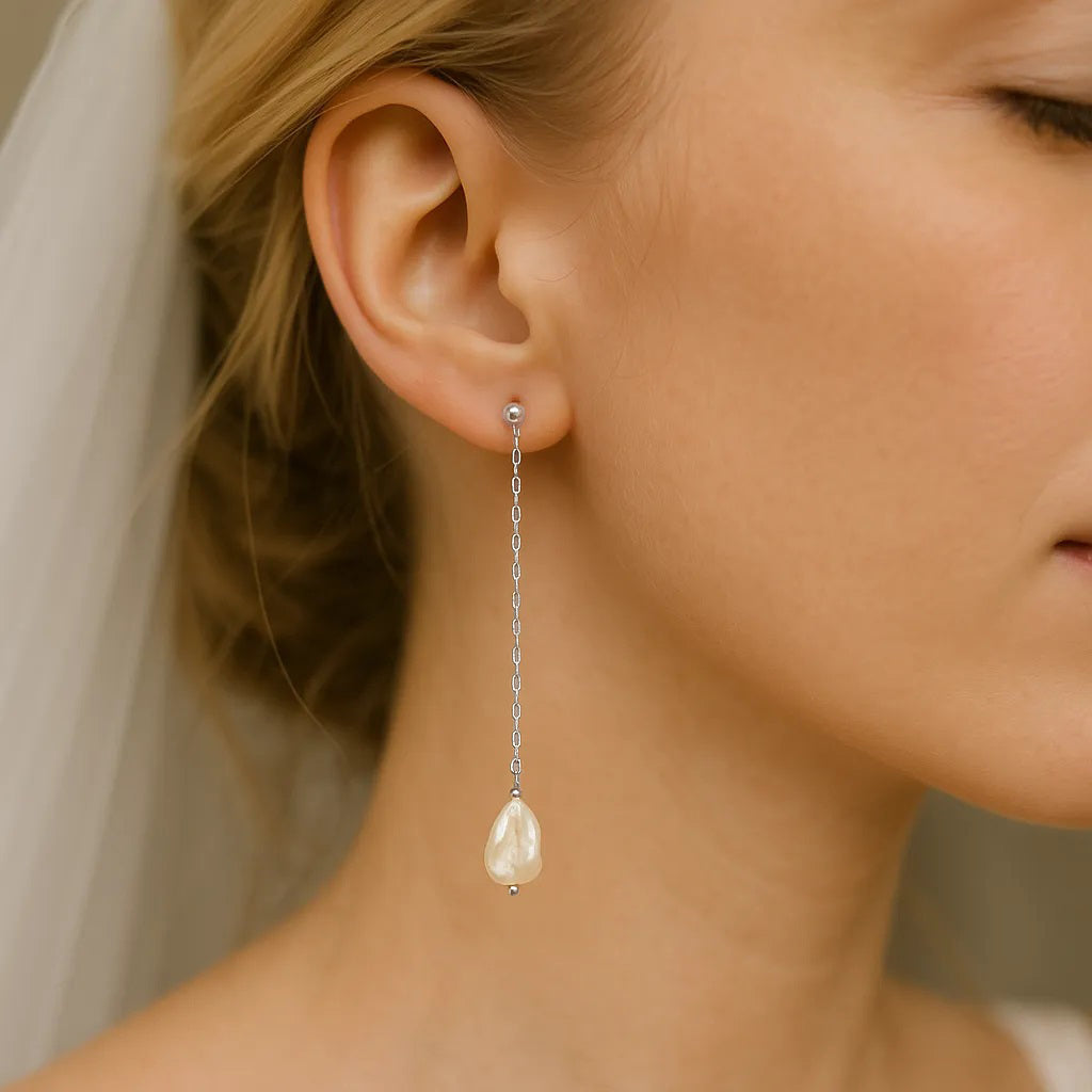 Lys Doré Silver Long Chain Pearl Stud Earrings