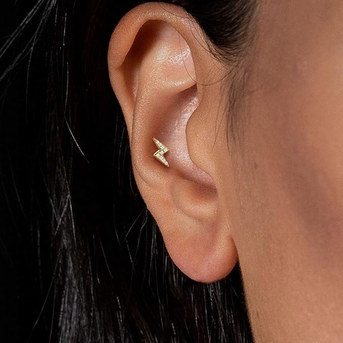 Gold Surgical Steel Lightning Design Tragus Piercing with Sparkling Stones