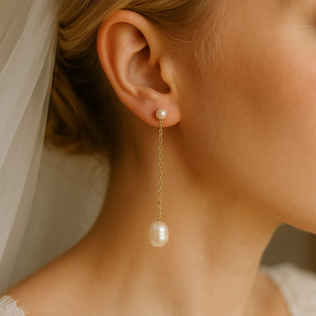 Silva Opale Long Chain Double Pearl Stud Earrings