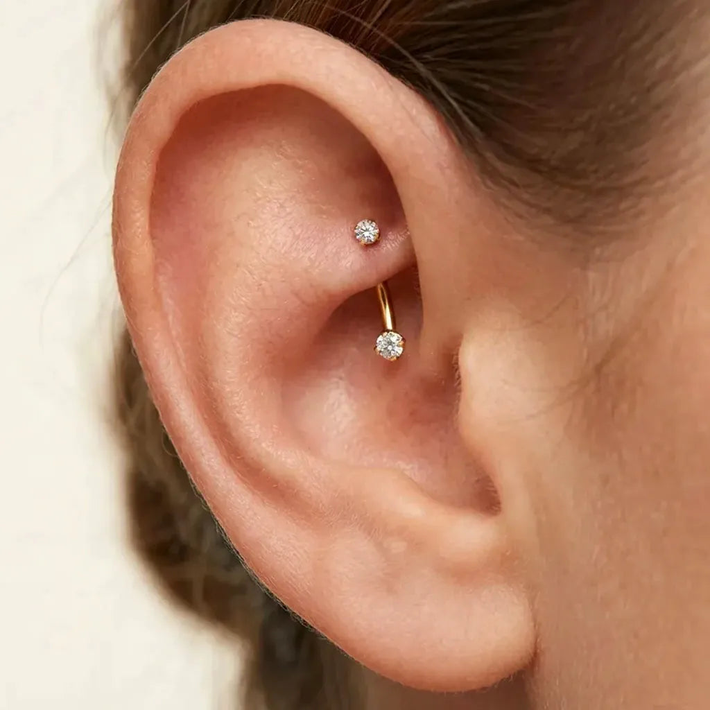 Bezel Set Double CZ Rook Piercing Curved Barbell