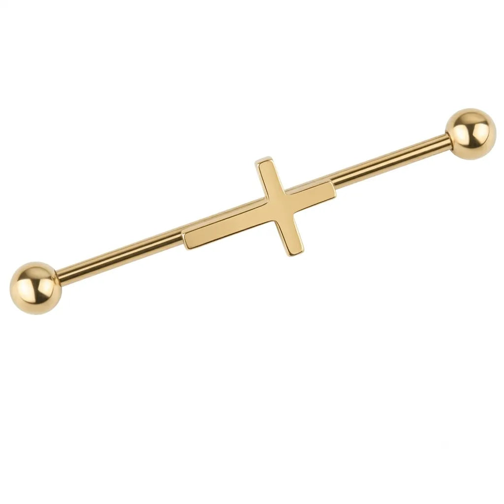 Gold barbell with a cross design on a white background