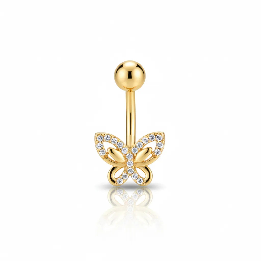 Gold butterfly belly button ring on a white background