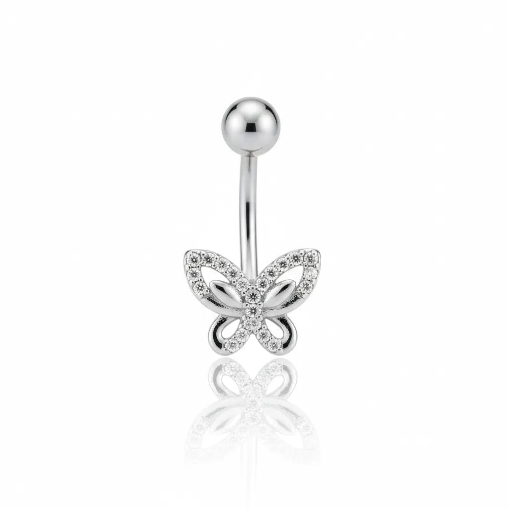 Silver butterfly belly button ring on a white background