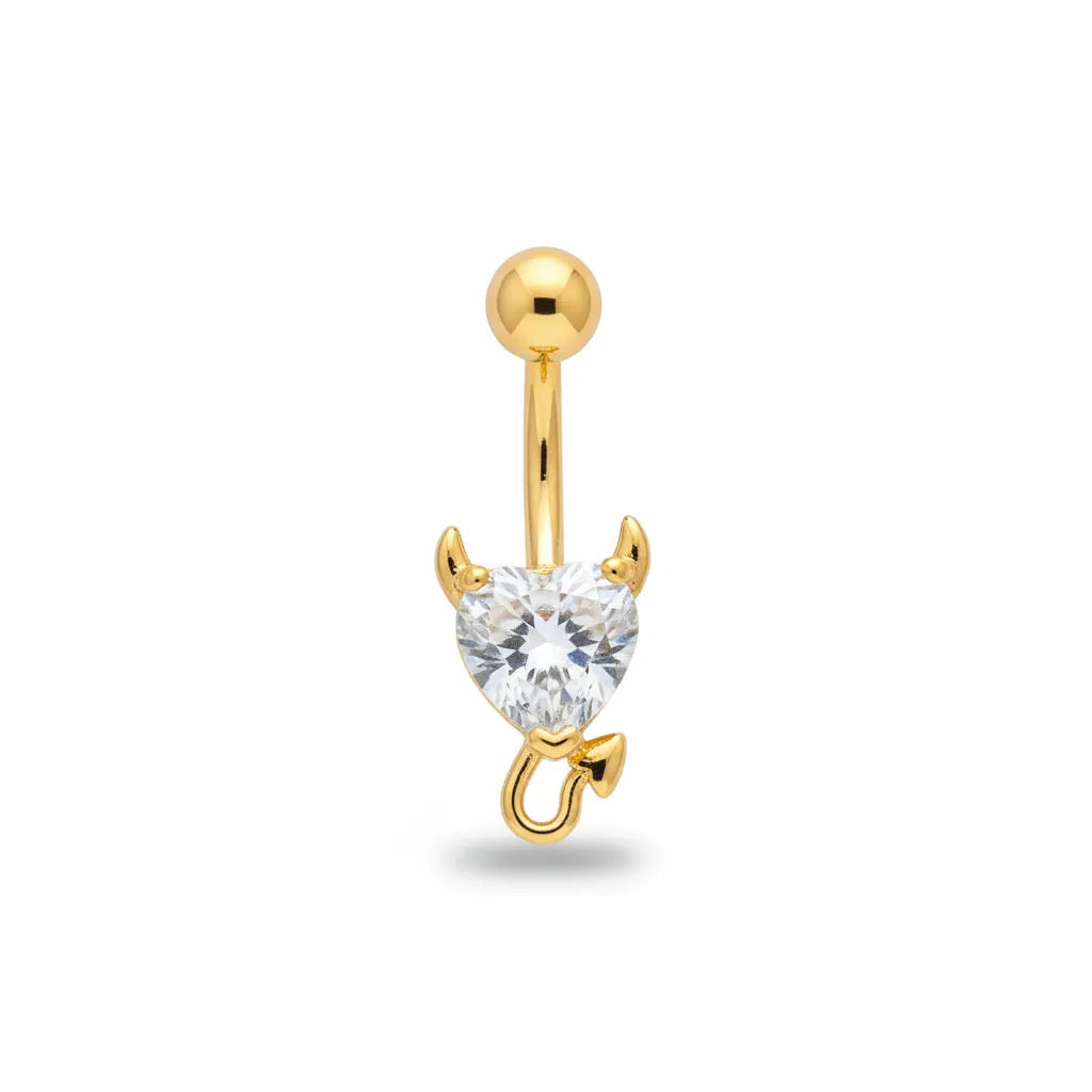 Gold belly button ring with a clear gemstone on a white background