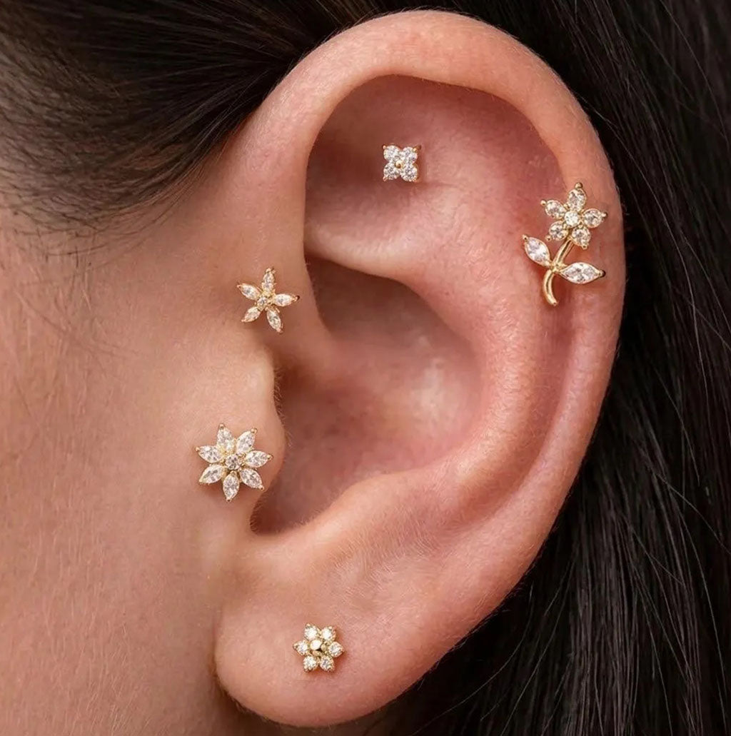 Crystal Flower Labret Stud Earring Ear Piercing Set – 5 Piece Curated Stack