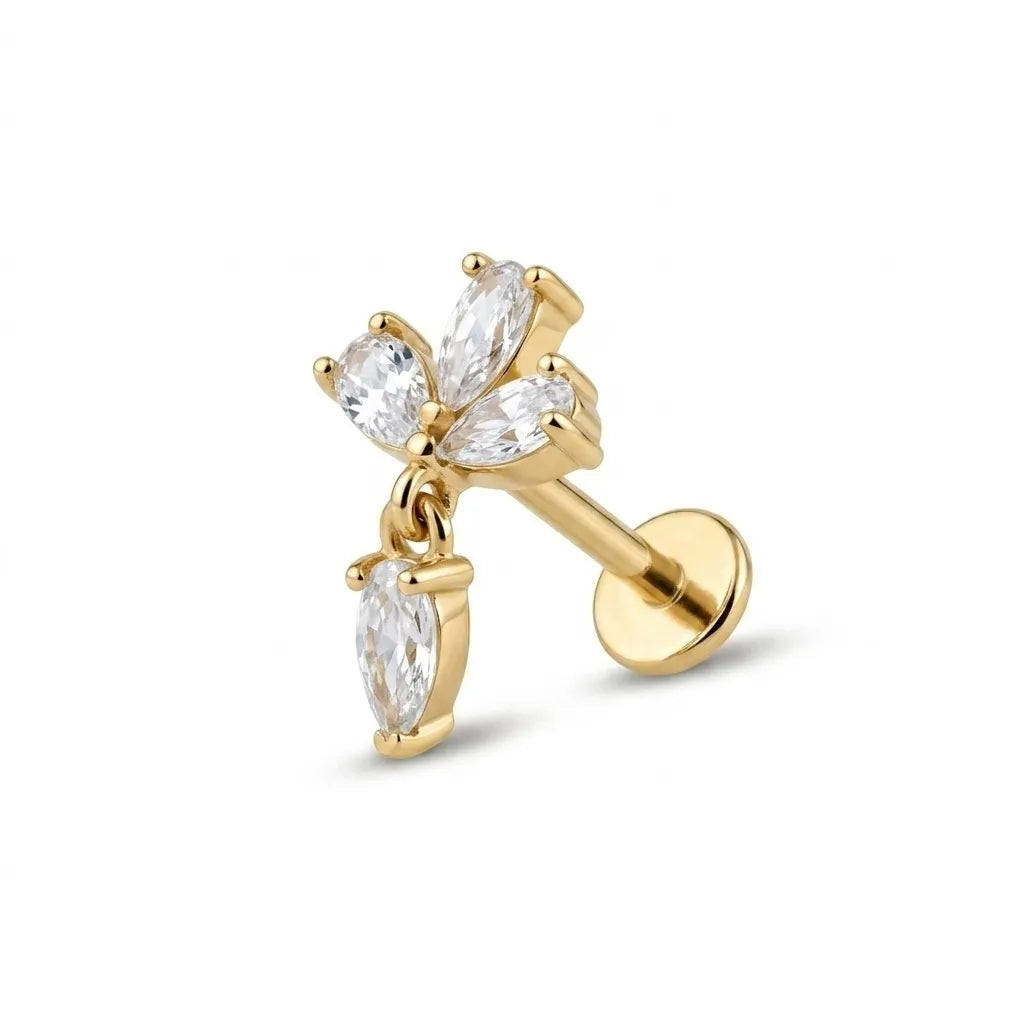A gold flower-shaped stud earring featuring four marquise-cut clear gemstones, shown on a clean white background.