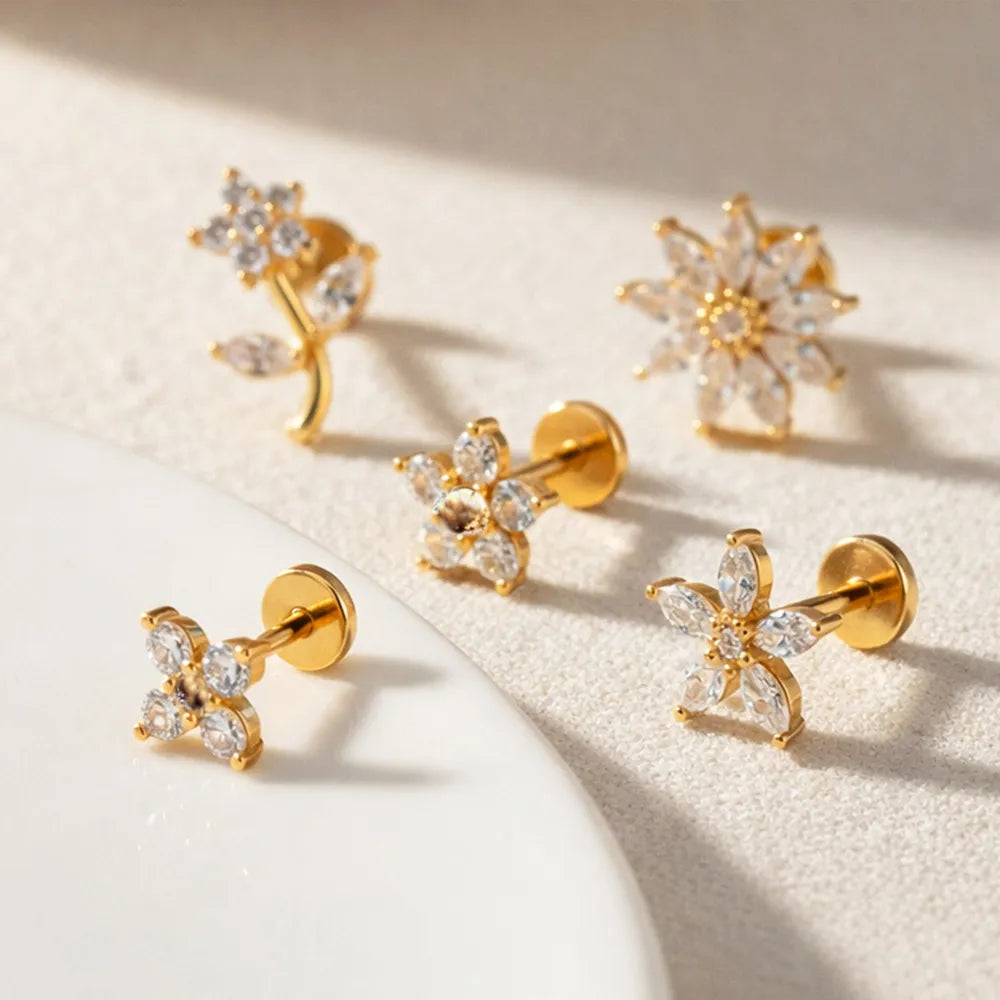 Crystal Flower Labret Stud Earring Ear Piercing Set – 5 Piece Curated Stack