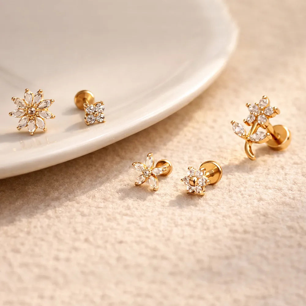 Crystal Flower Labret Stud Earring Ear Piercing Set – 5 Piece Curated Stack