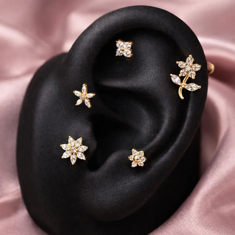 Crystal Flower Labret Stud Earring Ear Piercing Set – 5 Piece Curated Stack