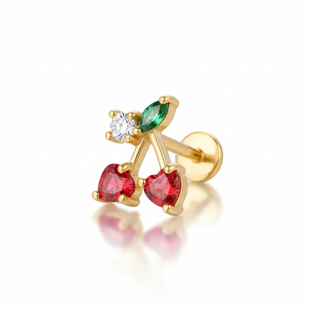 Stainless Steel Cherry Stud with Heart Gems
