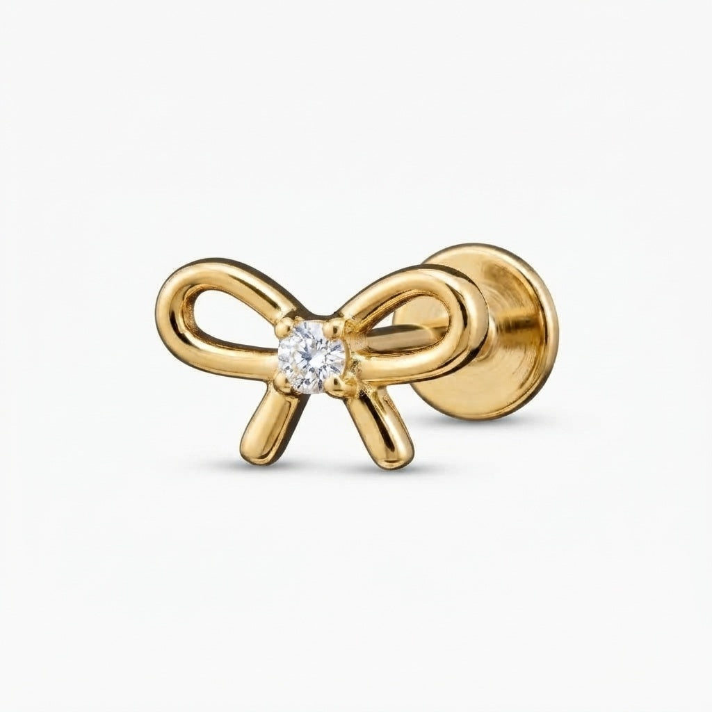 Bow CZ Tragus Piercing | Crystal Flat Back Labret Stud