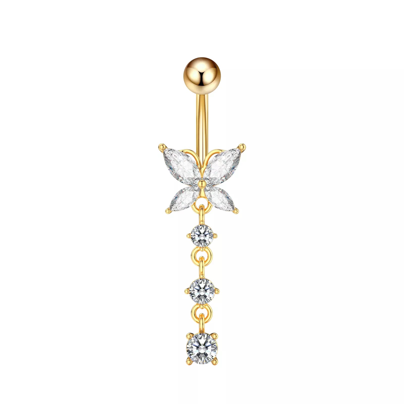 A gold surgical steel belly bar with a butterfly danlge belly bar