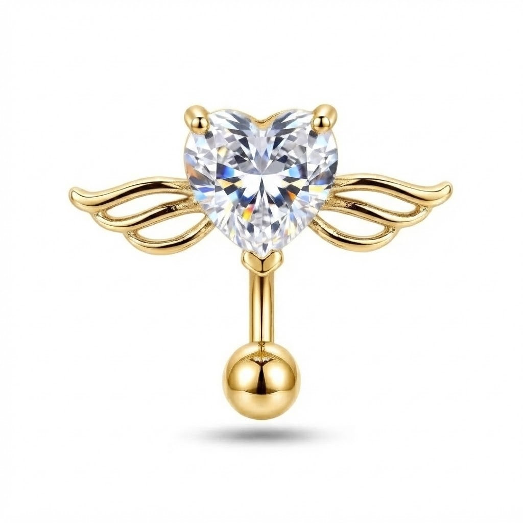 Silver Surgical Steel Crystal Winged Heart Belly Button Piercing