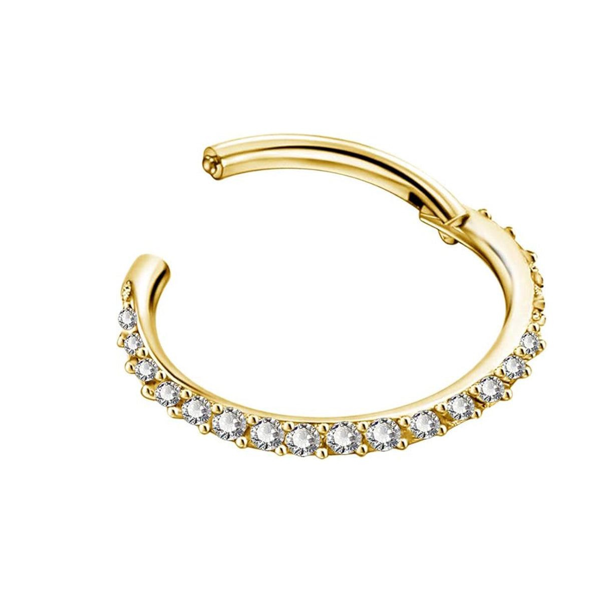 Gold nose ring with clear gemstones on a white background
